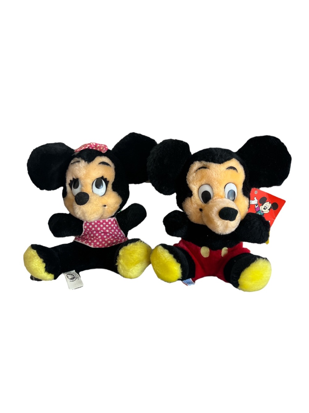 Vintage Disney Mickey & Minnie Plush Pair in Black, Yellow, Red, Pink